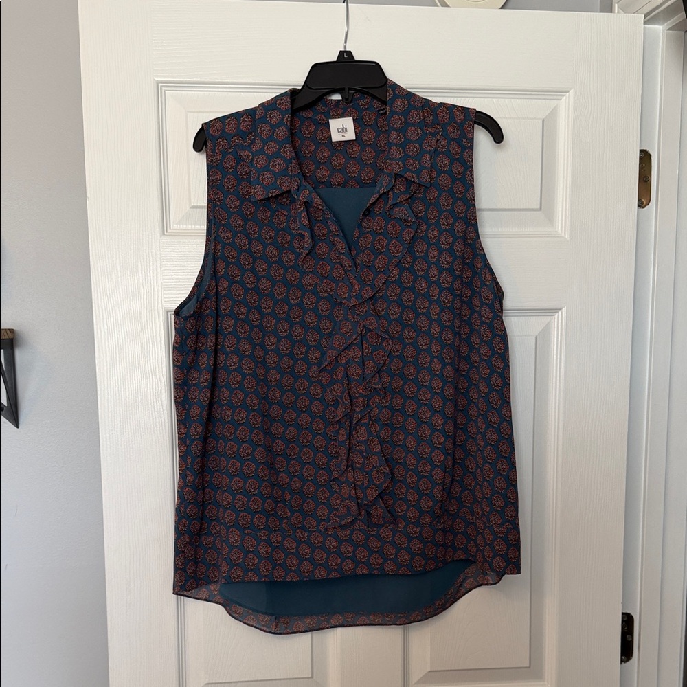 CAbi Navy and Orange Sleeveless Blouse